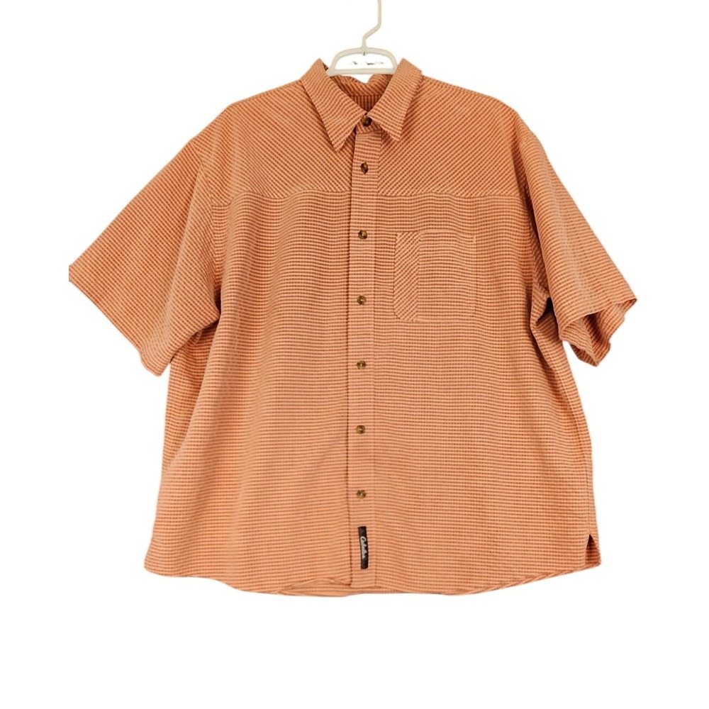 Cabelas Mens XL Regular Fit‎ Button Up Shirt Orange Striped Short Sleeve Casual